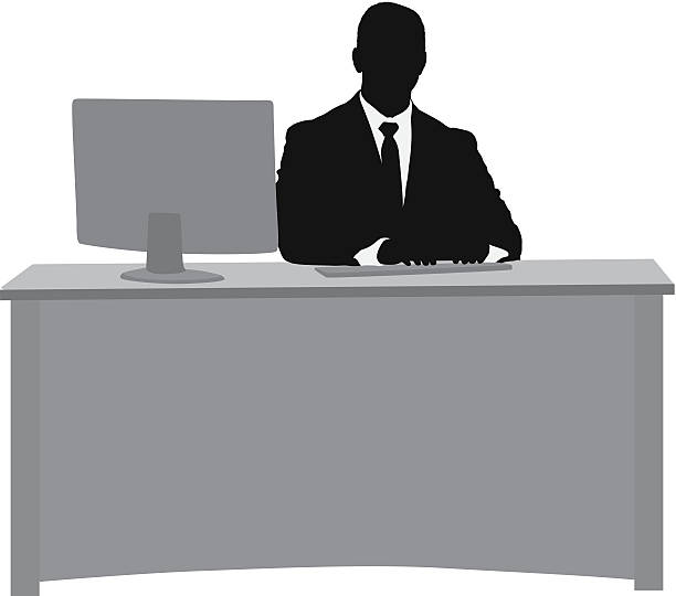 silhouette der geschäftsmann in seinem schreibtisch - sitting men white background people stock-grafiken, -clipart, -cartoons und -symbole