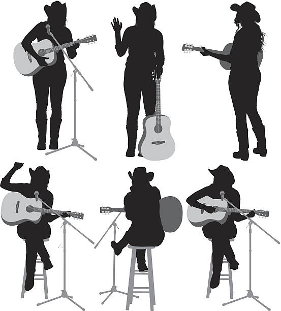 illustrazioni stock, clip art, cartoni animati e icone di tendenza di più modelli di cowgirl con chitarra - woman with arms raised back view