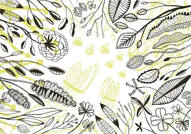 Vector illustration of Border of plants, flowers butterflies and bees
