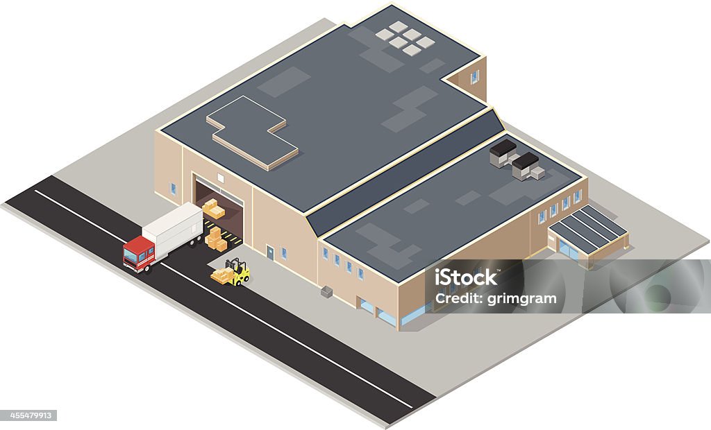 Isometric Warehouse with Delivery Truck A vector illustration of an isometric warehouse receiving and managing a goods from a delivery truck. Isometric Projection stock vector