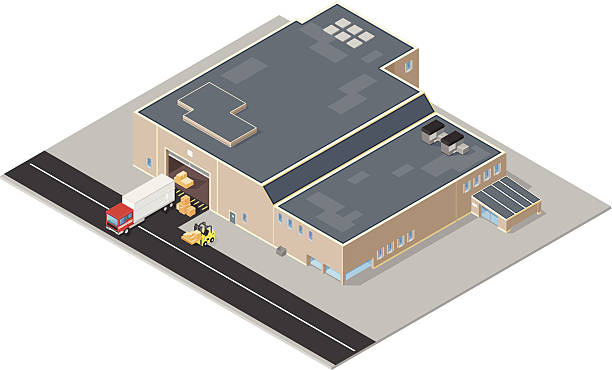 Isometric Warehouse with Delivery Truck A vector illustration of an isometric warehouse receiving and managing a goods from a delivery truck. isometric factory stock illustrations