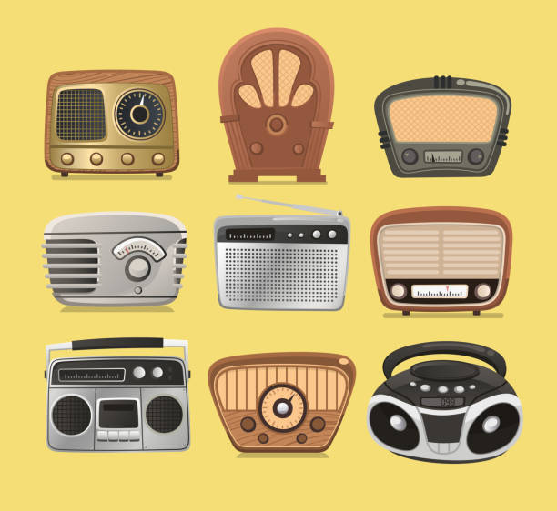 Retro revival radios hi fi tuner broadcasting system Retro revival radios hi fi tuner broadcasting system vector illustration. 1930s style stock illustrations