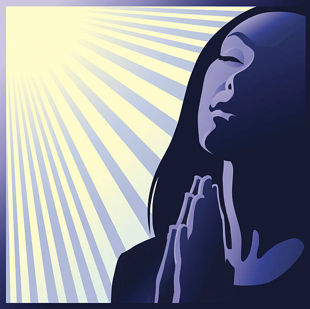 Illustration of woman praying with the sun shining down  Image of a devoted young woman praying for love and peace. christian fish clip art stock illustrations