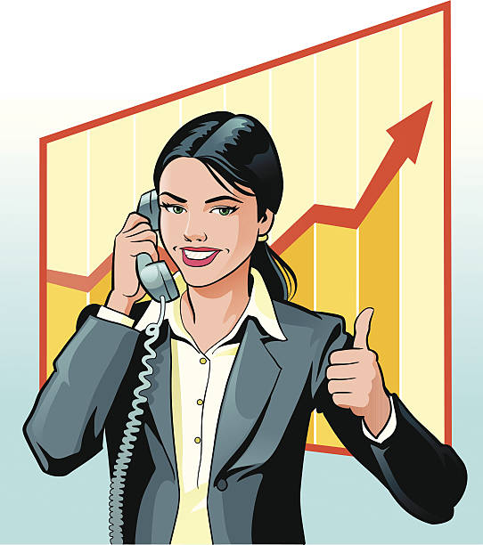 illustrazioni stock, clip art, cartoni animati e icone di tendenza di donna d'affari al telefono con pollice in alto - customer service representative on the phone retro revival office