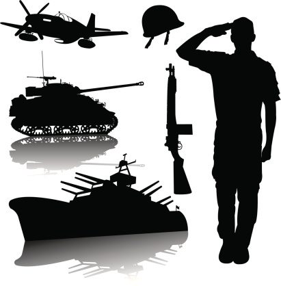 Graphic silhouette illustrations of a US Military. Soldier, Air Force, Army, Navy. Check out my 