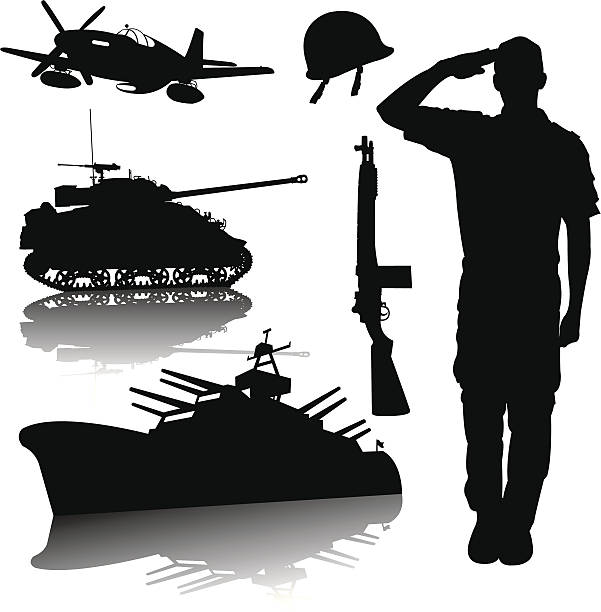 US Armed Forces - World War Two Graphic silhouette illustrations of a US Military. Soldier, Air Force, Army, Navy. Check out my "World War Two" light box for more. us military silhouette stock illustrations
