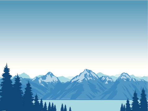 Mountains capped with snow and tall fir trees beside a lake.  Art on easily edited layers. Download includes a large high-res jpeg.