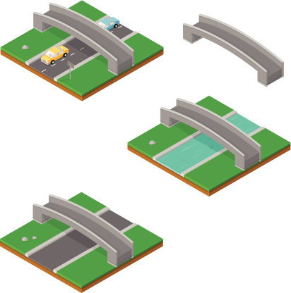 A vector illustration of isometric bridges over various types of land and water.