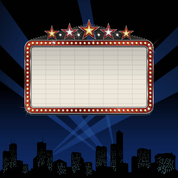 Theater marquee over cityscape Theater marquee over cityscape. All elements are separate objects, grouped and layered. File is made with gradient. No gradient mesh used. Global color used. 300dpi jpeg included. Please take a look at other works of mine linked below. scenery video stock illustrations