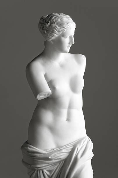 Venus de Milo on grey Vintage copy statue of Venus (Aphrodite) de Milo, a famous Greek sculpture dating back to about 100 BC, discovered in 1820 on the Aegean island of Milos. The original statue is in the Louvre museum in Paris. Vintage-styled fine art image on a grey background with added light grain. Sculpture stock pictures, royalty-free photos & images