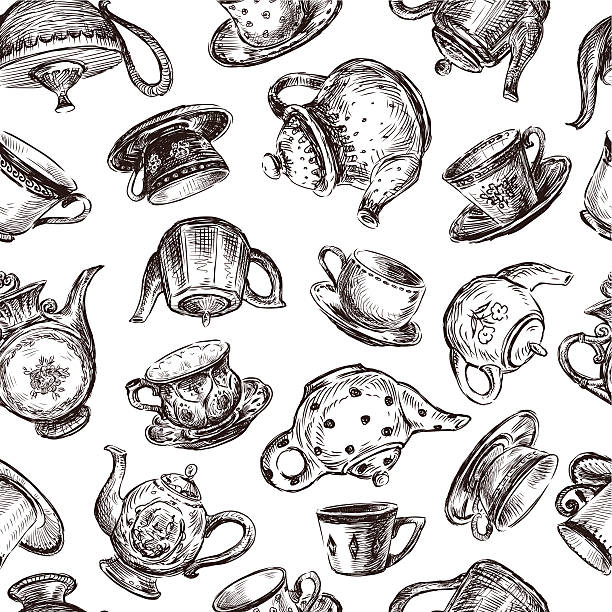 Vector background with a various teacups and teapots.