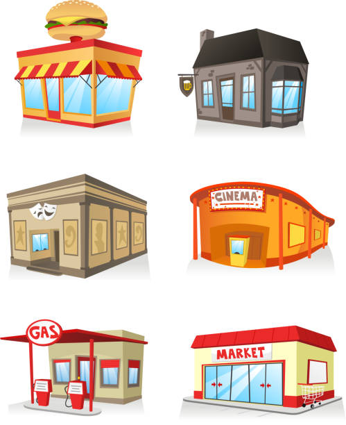 ilustrações, clipart, desenhos animados e ícones de ilustração em vetor de prédios públicos - store downtown district building exterior facade