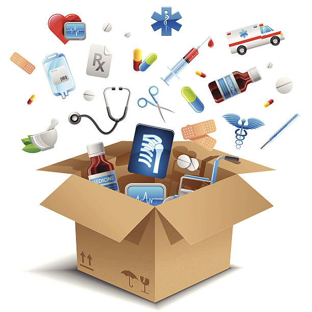 Medical equipment in the box Medical equipment in the box. health symbols/metaphors stock illustrations