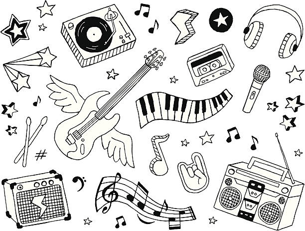 ilustraciones, imágenes clip art, dibujos animados e iconos de stock de música y garabatos - musica