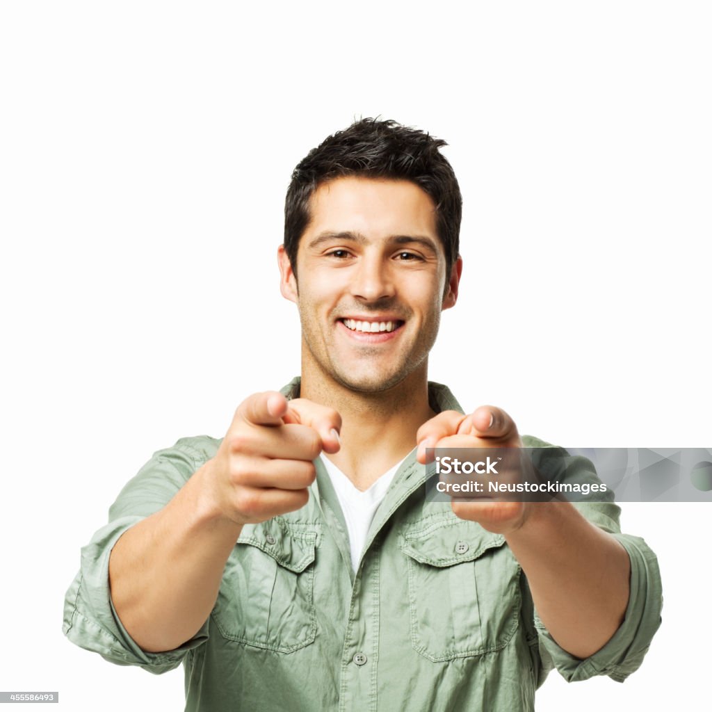 Hombre atractivo apuntando hacia la cámara aislado - Foto de stock de Indicar libre de derechos