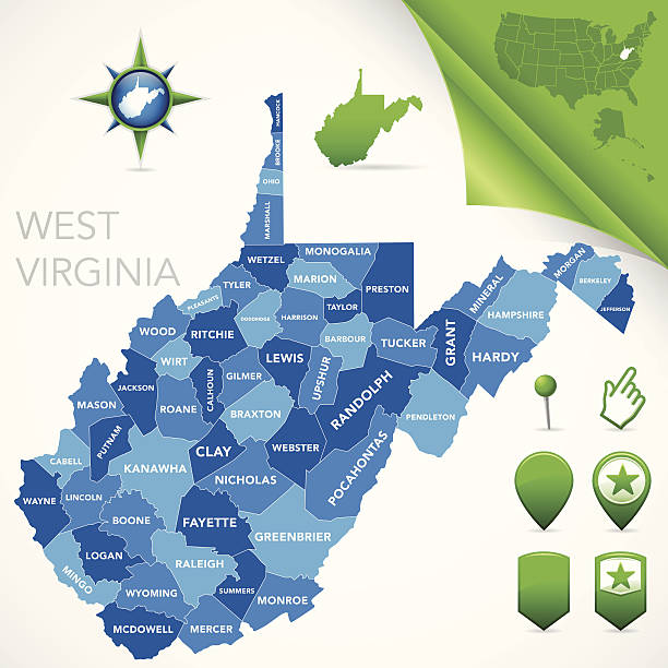 illustrazioni stock, clip art, cartoni animati e icone di tendenza di west virginia contea di mappa - kanawha