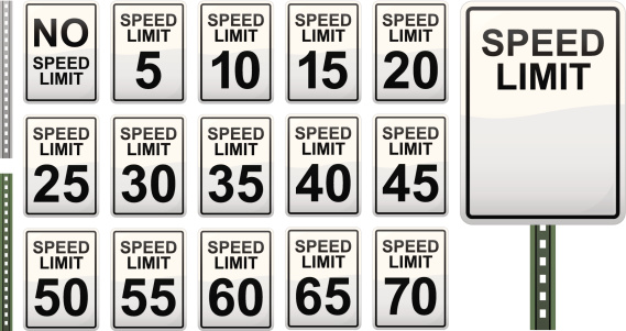 A large collection of American speed limit signs. This set includes speed limit signs reporting 5, 10, 15, 20, 25, 30, 35, 40, 45, 50, 55, 60, 65, and 70 miles per hour. There is also a blank sign for you to add your own speed limit to. Includes both a silver and a green metal base for the sign to sit on.