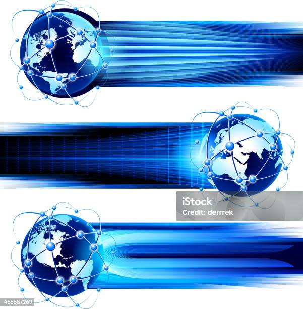 Ilustración de Comunicaciones Globales Banner y más Vectores Libres de Derechos de Globo terráqueo - Globo terráqueo, Vista de satélite, Antena parabólica