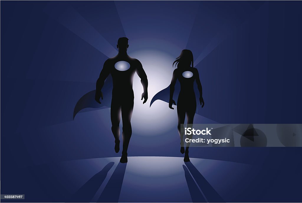 Walking Superhelden-Silhouette Männliche und weibliche - Lizenzfrei Superheld Vektorgrafik