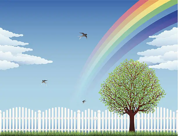 Vector illustration of Summer landscape with rainbow