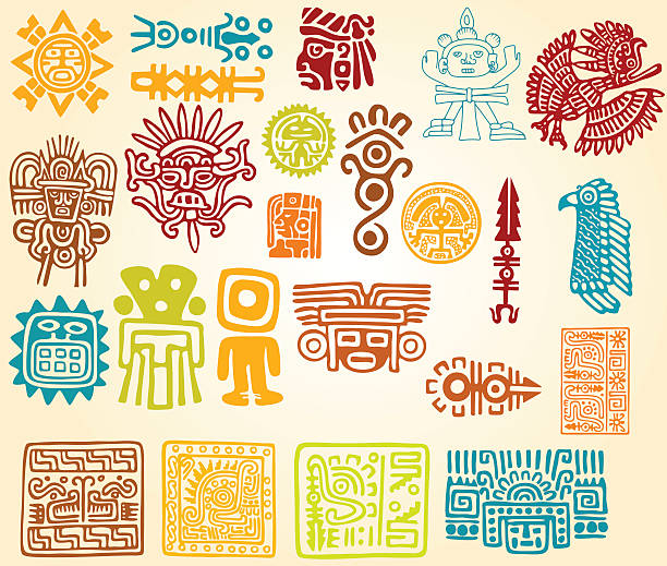 stockillustraties, clipart, cartoons en iconen met colorful illustrations of mayan line symbols - maya