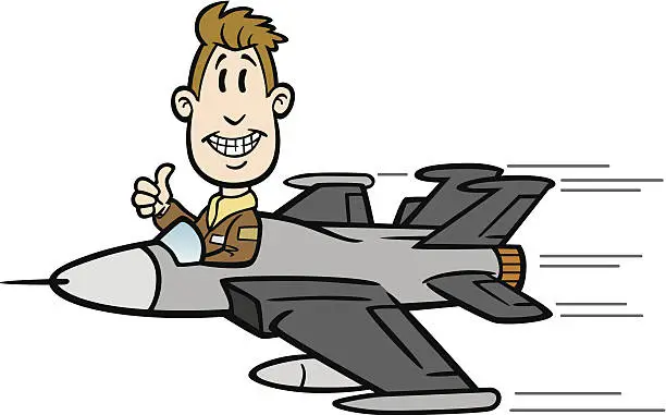 Vector illustration of Cartoon Guy Flying Fighter Jet
