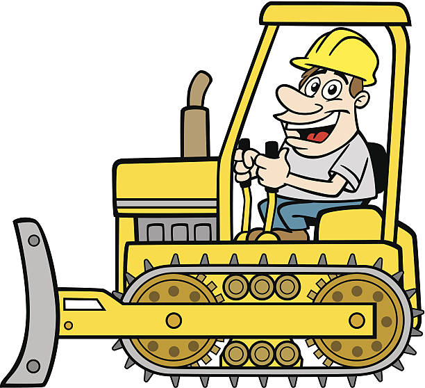 ilustraciones, imágenes clip art, dibujos animados e iconos de stock de hombre de historieta con bulldozer - bulldozer dozer construction equipment construction machinery