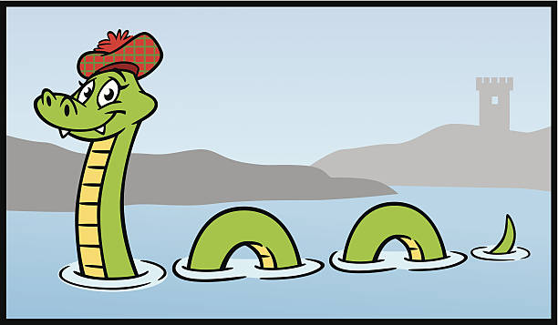 ilustraciones, imágenes clip art, dibujos animados e iconos de stock de historieta nessie de loch ness - loch ness