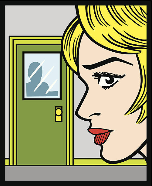 illustrations, cliparts, dessins animés et icônes de bande dessinée femme à la porte - écouter à la porte