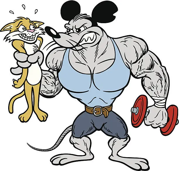 Vector illustration of Mouse Bodybuilder With Cat