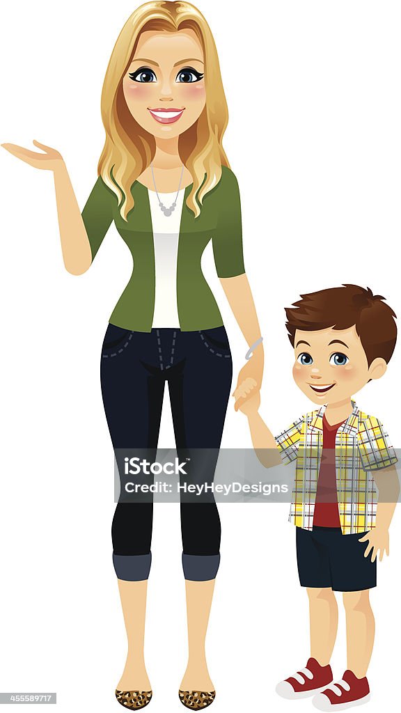 Mom Holding Hands With Son A woman (could be; mom, babysitter, nanny, social worker, aunt, big sister, other family member) holding hands with little boy. Child stock vector