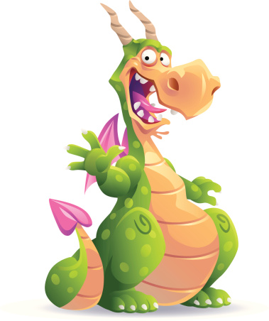 Illustration of a laughing dotted green dragon with horns and pink wings waving with his Hand.