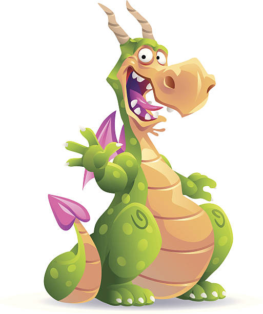 Sitting Green Dragon Illustration of a laughing dotted green dragon with horns and pink wings waving with his Hand. gargoyle stock illustrations