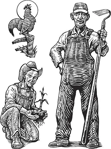 Vector illustration of Farmer and Rooster Crowing