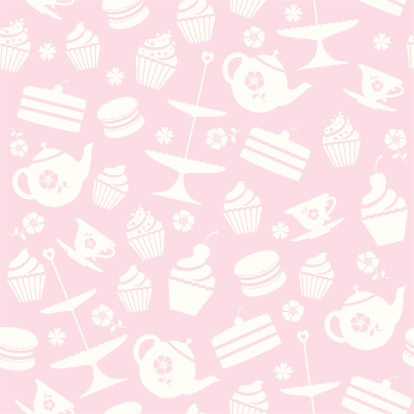A seamless repeatable pattern of tea and cakes.