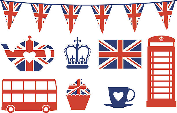 ilustraciones, imágenes clip art, dibujos animados e iconos de stock de british iconos de - british flag vector uk national flag