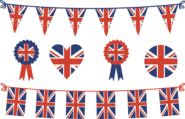 britische flaggen und bunting - bunte fähnchen stock-grafiken, -clipart, -cartoons und -symbole