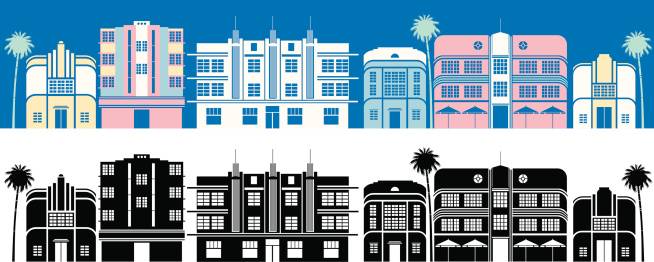 A colour and black and white set of Miami Art deco buildings. Click below for more travel images.