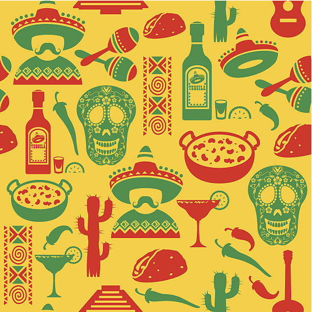 bezszwowe meksykański wzór - drink mexican culture tequila shot tequila stock illustrations