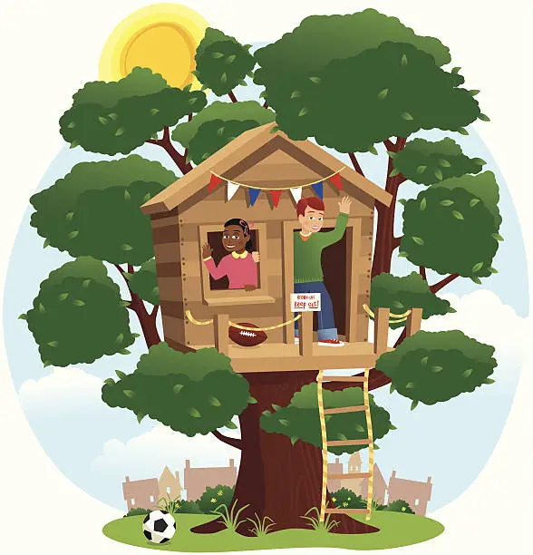 Vector illustration of Children playing in a treehouse
