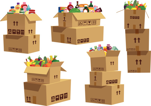 Five isolated and different stacks of cardboard boxes, with various goods and products in the top box of each stack of boxes.