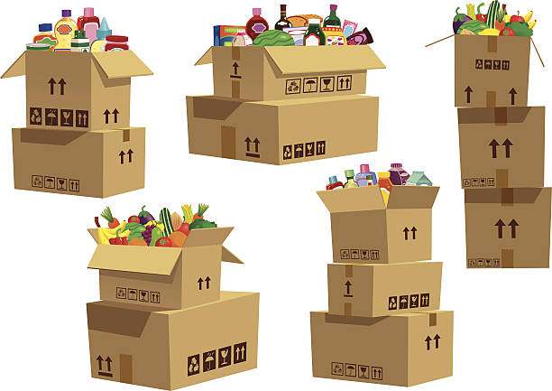 Cardboard boxes stacked with grocery goods Five isolated and different stacks of cardboard boxes, with various goods and products in the top box of each stack of boxes. stacking food containers stock illustrations