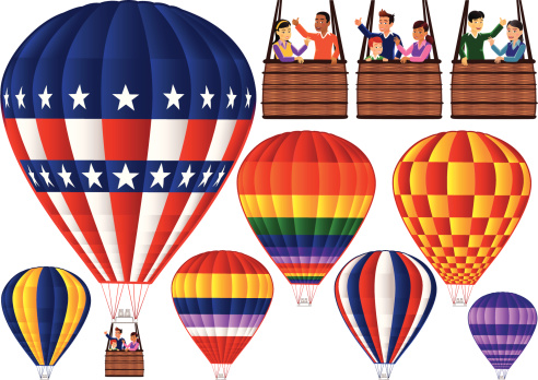 Seven isolated and different hot air balloons, plus three isolated and different gondolas too. Simply scale a balloon up to match the size of your gondola choice. Gondolas will then easily fit below the balloons - group the two elements together, and you have your finished product! Plenty of copy space on both basket and balloon area. You can easily change the colours of the individual square segments on each balloon to white, if you want to create a blank area for text.