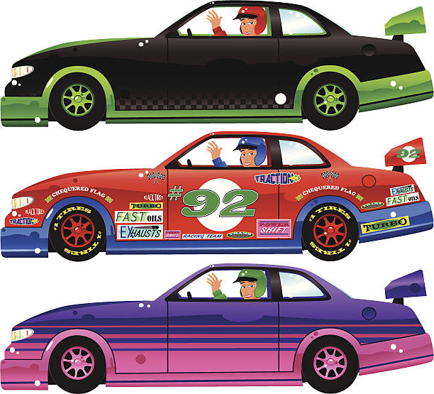 ilustraciones, imágenes clip art, dibujos animados e iconos de stock de tres conductores de coches de carreras indy y - stock car sports venue sports race motorized sport