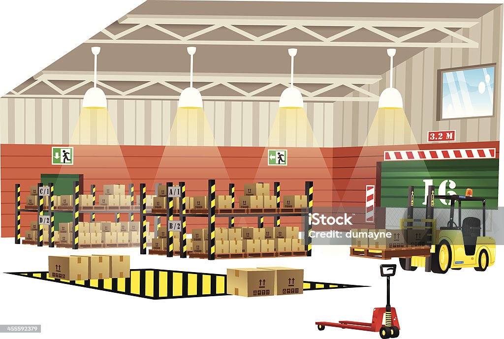 Modern warehouse interior view Isolated illustration of a typical modern warehouse interior, in a cut-away perspective, featuring a yellow forklift truck, some warehouse shelving and a pallet truck too. Loading Dock stock vector