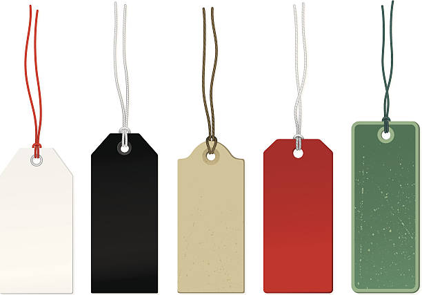 Five different colored price tags Set of price tags of various shapes and colors old luggage tag stock illustrations