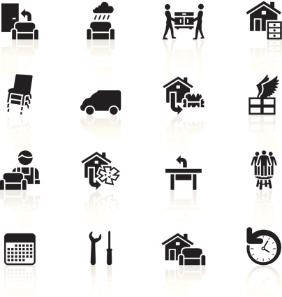 16 simple icons representing different furniture delivery symbols.