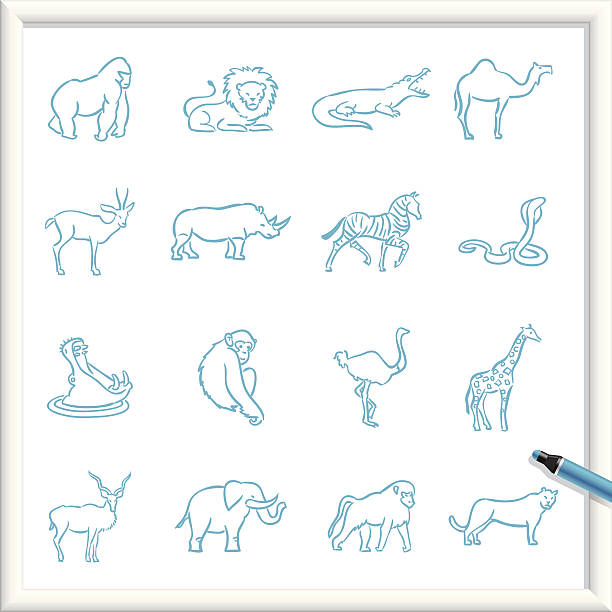 skizze icons-afrikanische tiere - ostrich ape animal monkey stock-grafiken, -clipart, -cartoons und -symbole