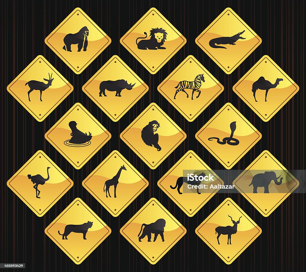 Yellow Road Signs - African Animals 17 road sign icons representing different African animals. Crocodile stock vector
