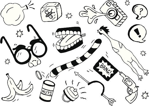 A doodle page of practical jokes. Includes rubber chicken, banana peel, snake nuts can, hand buzzer, arrow through the head, bang gun, bug in ice cube, squirting camera, whoopee cushion, chattering teeth, disguise glasses and joke talk bubbles.